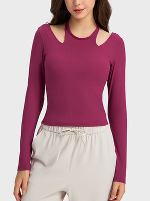 Ribbed long sleeve active top in magenta with cutout shoulders