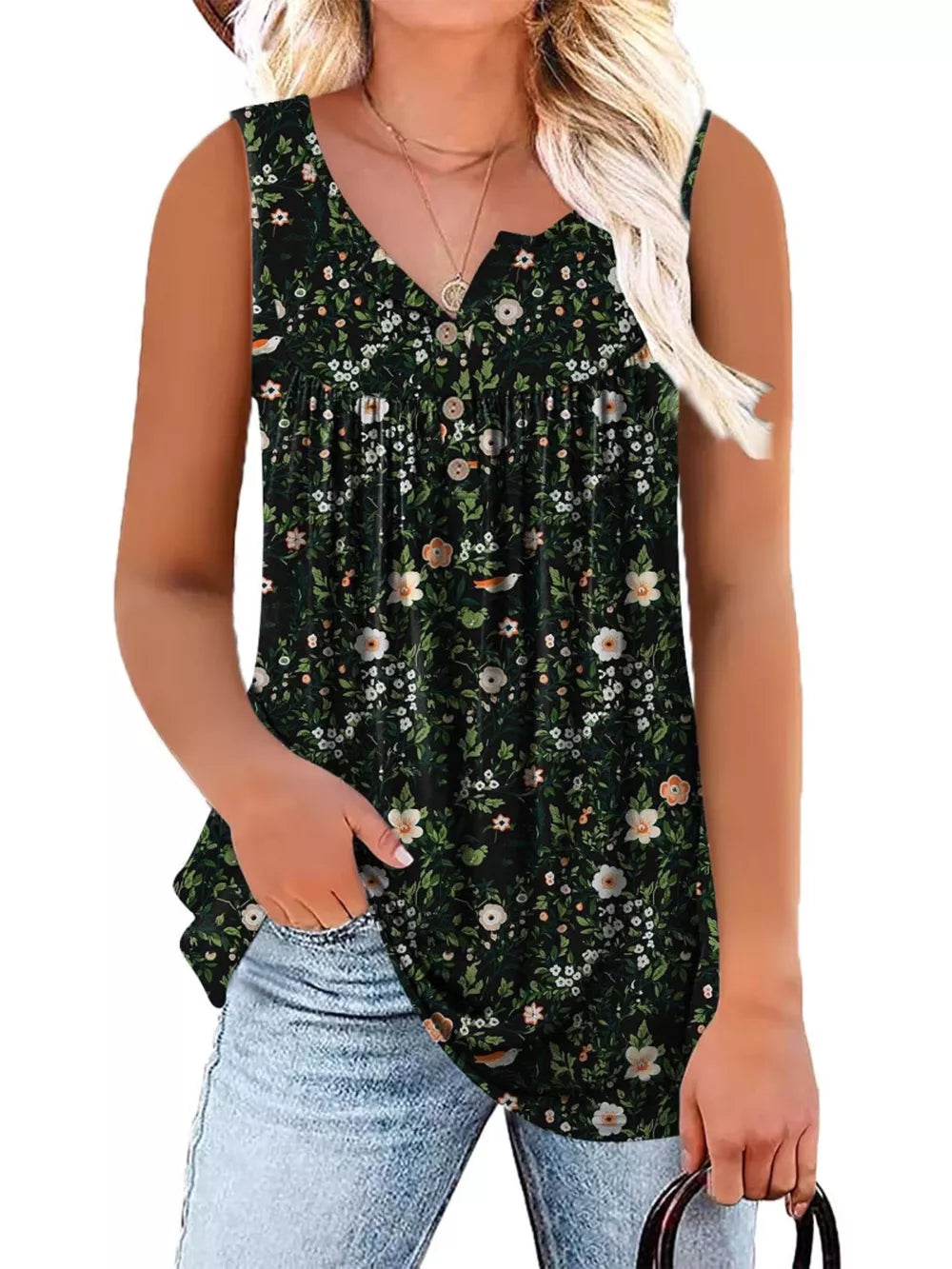 Black floral print henley tank top with button detail and V-neck