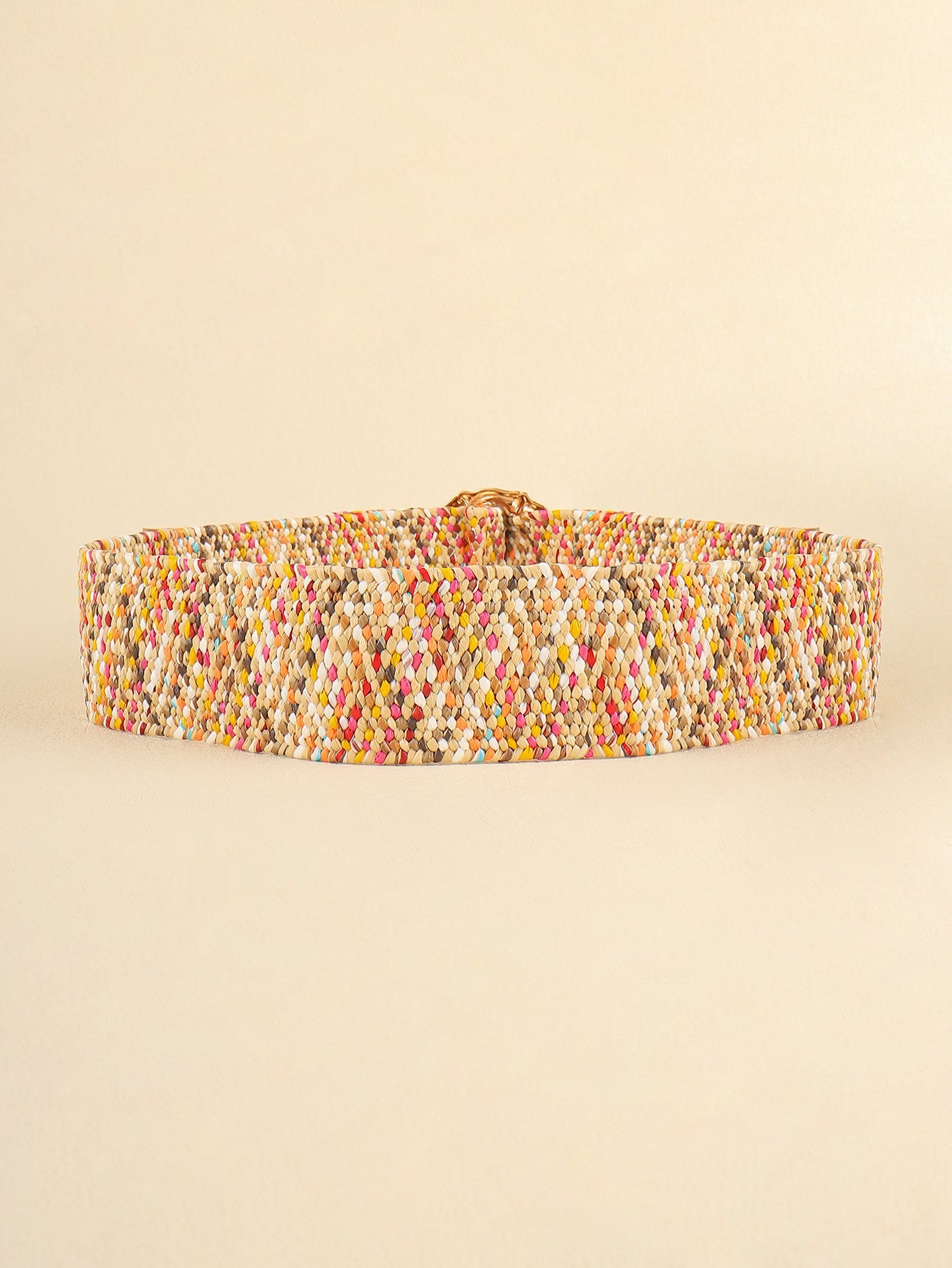 Woven raffia belt with multicolor flecks and a sculpted buckle.