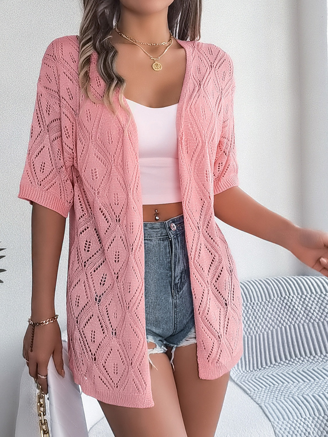 Open-knit diamond pattern blush pink short sleeve cardigan