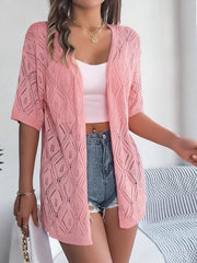 Open-knit diamond pattern blush pink short sleeve cardigan