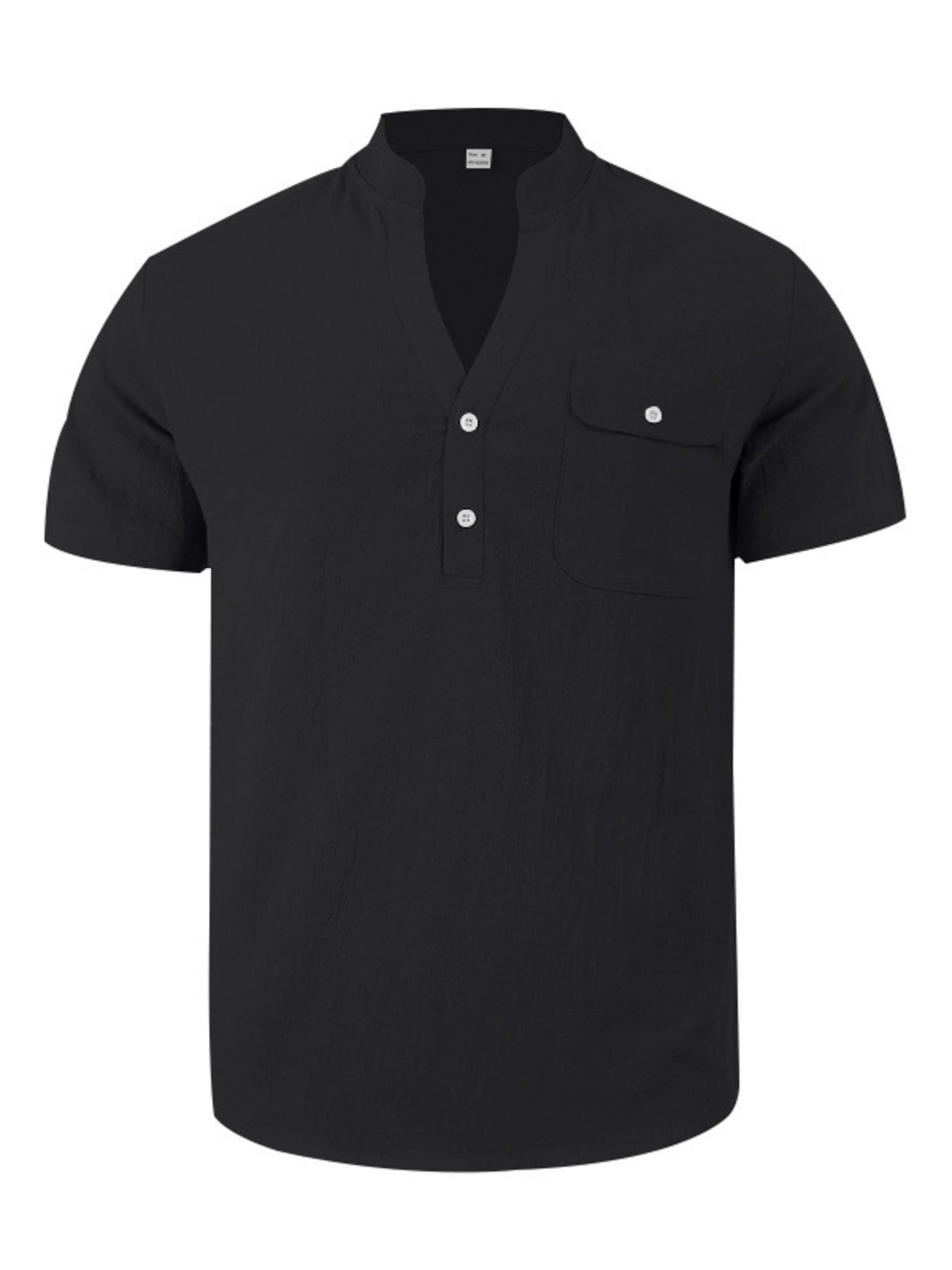 Black cotton short sleeve henley shirt with band collar and chest pocket.