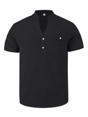 Black cotton short sleeve henley shirt with band collar and chest pocket.