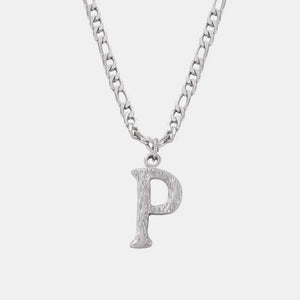 Textured initial pendant necklace with a silver chain and a silver letter P charm.