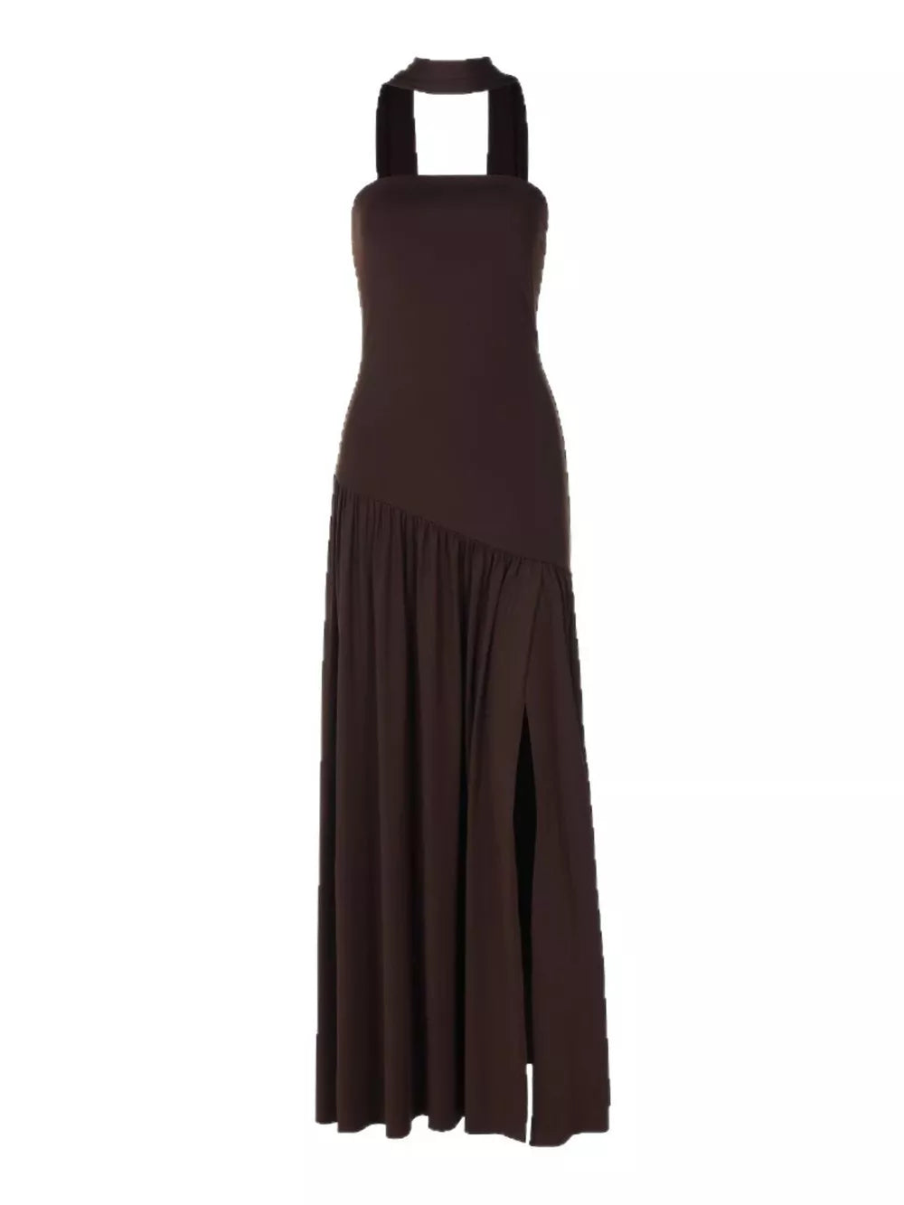 Brown asymmetrical maxi dress with halter neck, ruffle detail, and thigh-high slit.