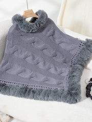 Dark Gray cable knit poncho with faux fur trim and open knit detail.