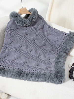 Dark Gray cable knit poncho with faux fur trim and open knit detail.