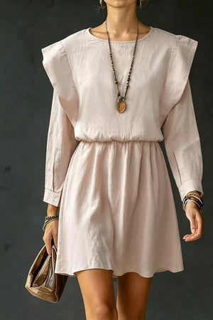 Ruffled Round Neck Long Sleeve Dress in Eggshell, close-up detail