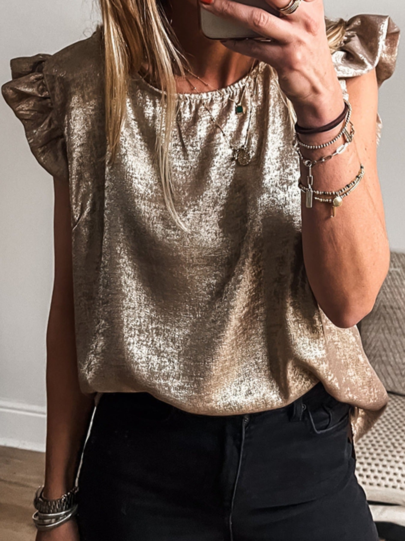 Gold ruffled neck tank top with cap sleeves and a textured sheen.