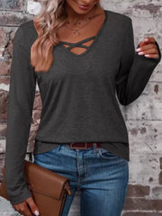 Crisscross V-neck Long Sleeve T-shirt in Pure Black, front view