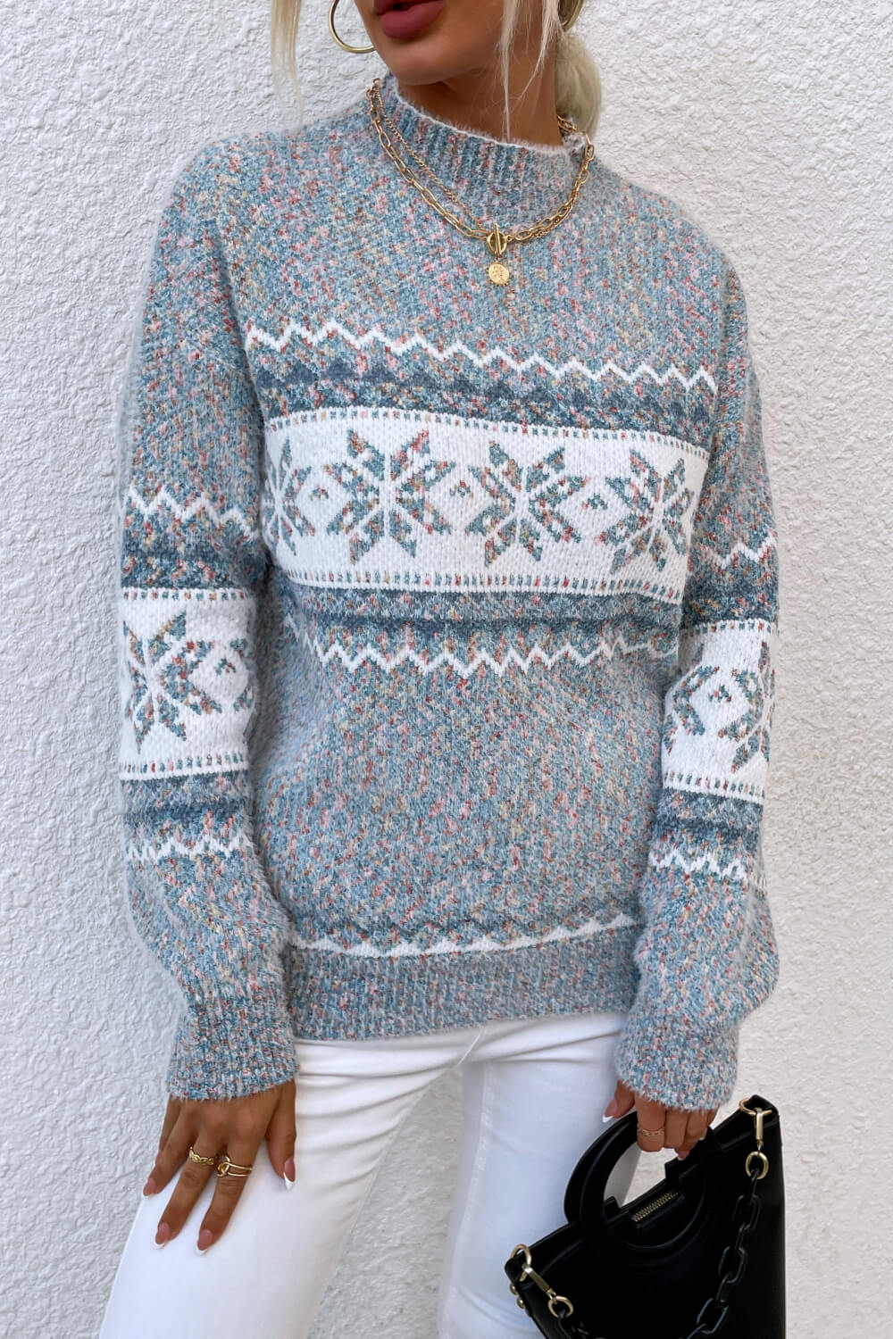 Nordic Fair Isle mock neck knit sweater in Cloudy Blue with snowflake pattern, acrylic blend.