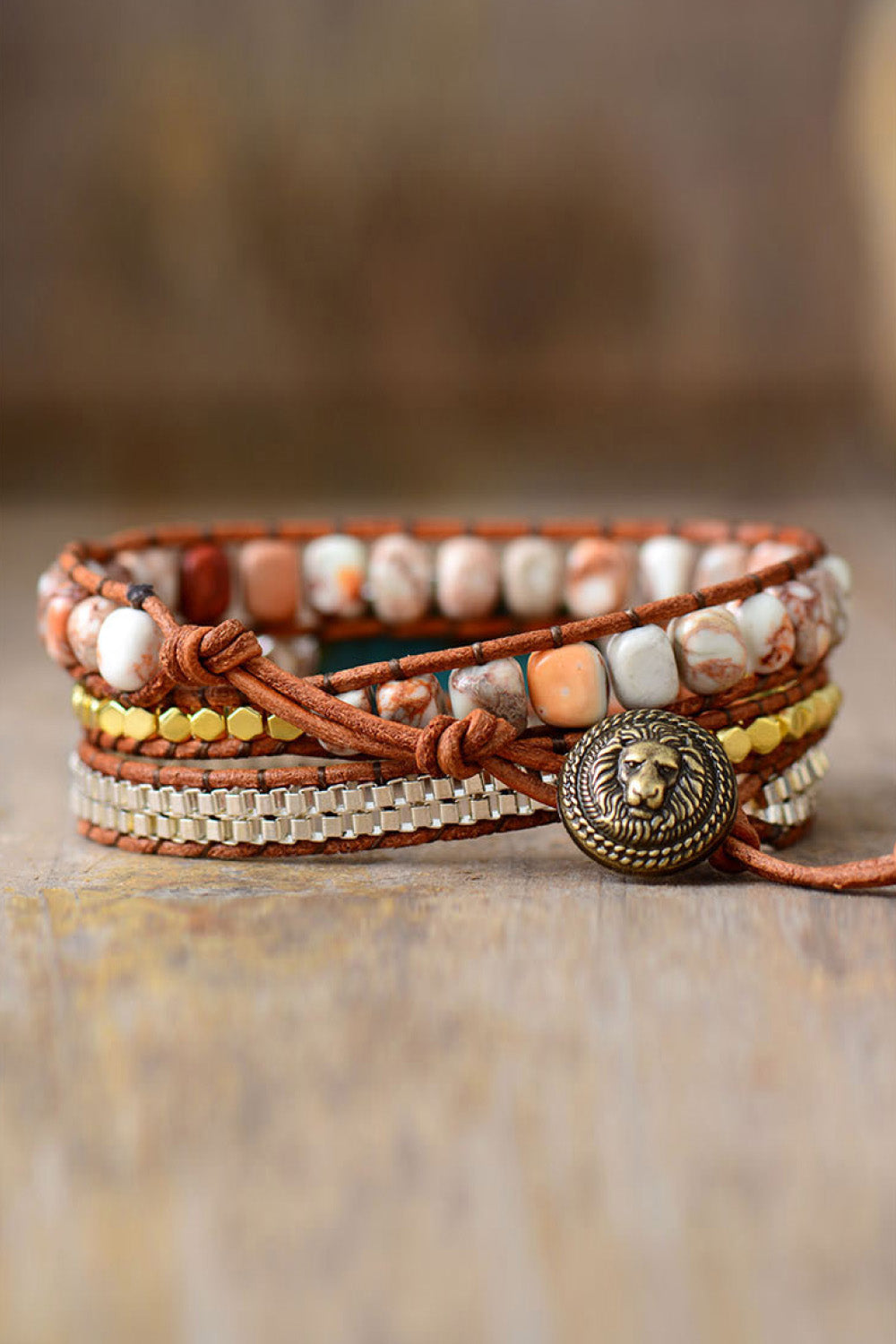 Turquoise & Copper Wrap Bracelet Set with lion charm and stone beads