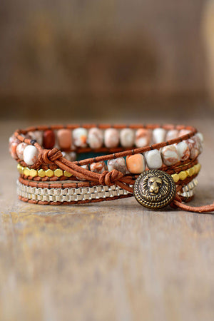 Turquoise & Copper Wrap Bracelet Set with lion charm and stone beads