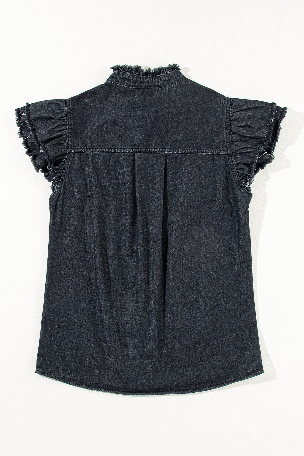 Black denim button-up shirt with ruffled cap sleeves and frayed collar.