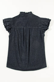Black denim button-up shirt with ruffled cap sleeves and frayed collar.