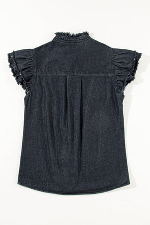 Black denim button-up shirt with ruffled cap sleeves and frayed collar.