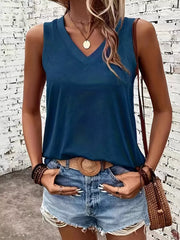 V-neck Ribbed Trim Tank in Black, editorial view