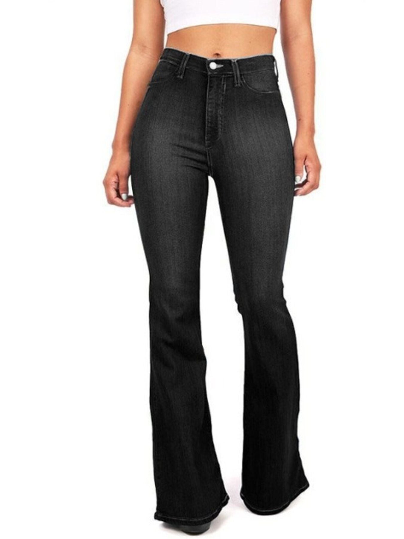 Black high-rise bootcut jeans with a comfortable cotton blend, shown on a model.
