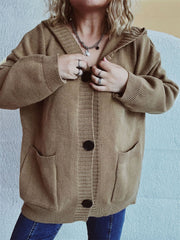 Taupe chunky knit hooded button-down cardigan with pockets and large buttons.