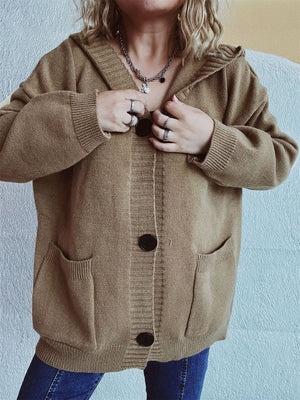 Taupe chunky knit hooded button-down cardigan with pockets and large buttons.