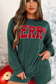 Black ribbed loungewear set with "Merry" graphic on top