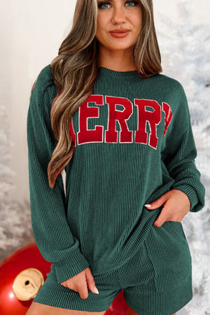 Black ribbed loungewear set with "Merry" graphic on top