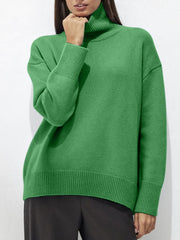 Dark Green Relaxed Fit Ribbed Turtleneck Knit Sweater with ribbed cuffs and hem