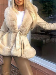 Beige faux fur belted jacket with textured faux leather and fur trim.