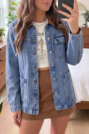 Patchwork Leather Collar Denim Jacket in Dusty Blue, front view