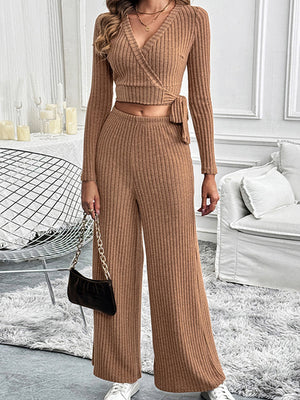 Caramel ribbed knit wrap top and wide leg pants set with tie detail.