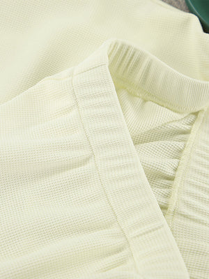 Cream waffle knit loungewear top with ribbed neckline detail