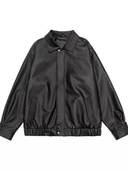 Black faux leather bomber jacket with collared neckline and elasticated hem