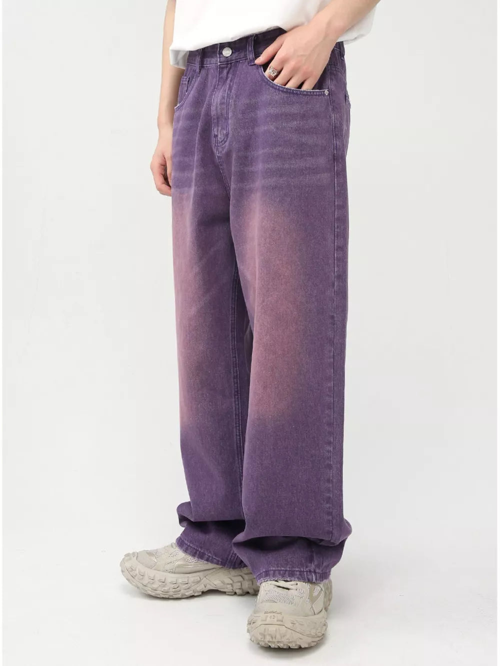 Men's wide-leg jeans in mauve gradient wash cotton, relaxed fit.