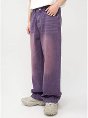 Men's wide-leg jeans in mauve gradient wash cotton, relaxed fit.