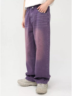 Men's wide-leg jeans in mauve gradient wash cotton, relaxed fit.