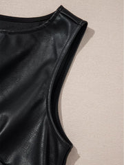 Black vegan leather sleeveless mini dress with a round neckline and clean seams.