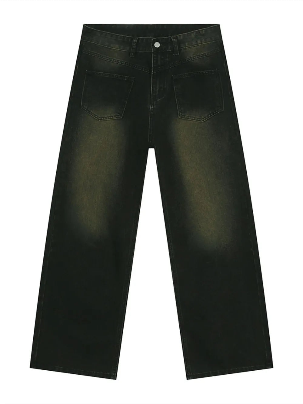 Dark wash wide leg jeans with distressed details and cotton composition.
