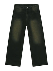 Dark wash wide leg jeans with distressed details and cotton composition.