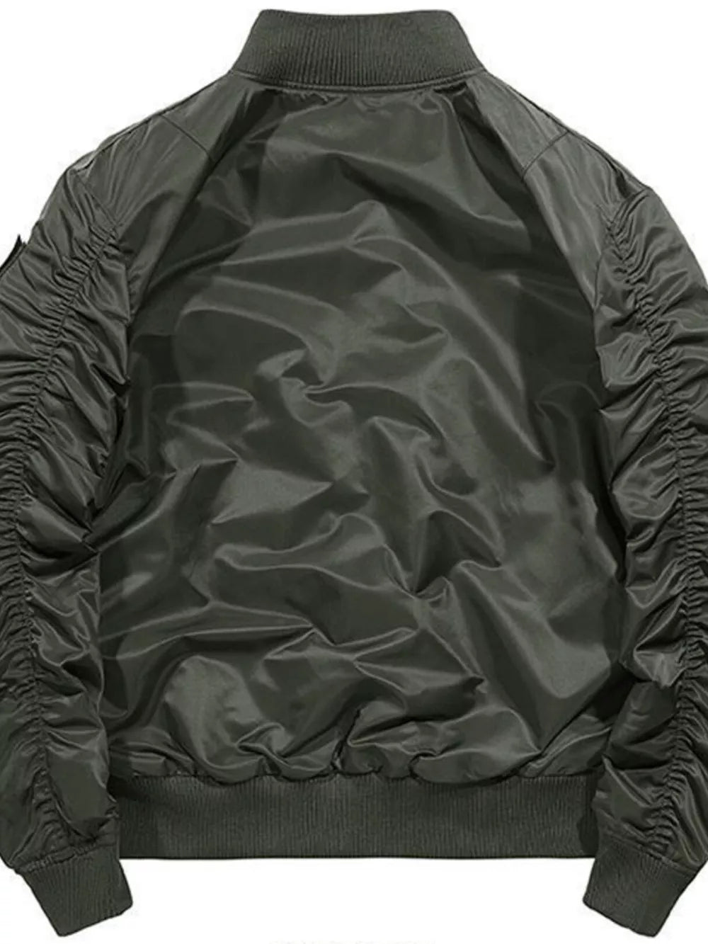 Men's bomber jacket in army green with ruched sleeves and ribbed collar, cuffs, and hem.