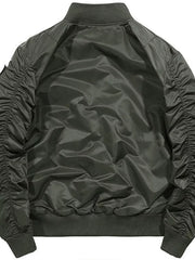 Men's bomber jacket in army green with ruched sleeves and ribbed collar, cuffs, and hem.