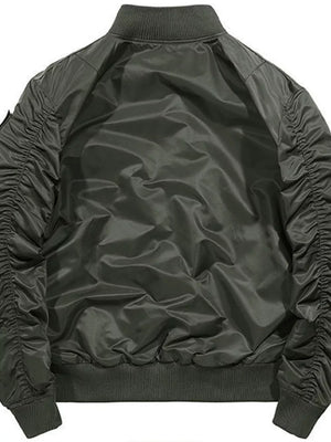 Men's bomber jacket in army green with ruched sleeves and ribbed collar, cuffs, and hem.