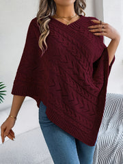 Burgundy cable knit poncho with chevron detail and V-neck, acrylic.
