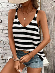 Relaxed black and white striped V-neck knit tank top with a relaxed fit.