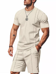 Men's beige waffle-knit two-piece set with crew neck t-shirt and shorts.