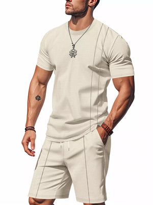 Men's beige waffle-knit two-piece set with crew neck t-shirt and shorts.