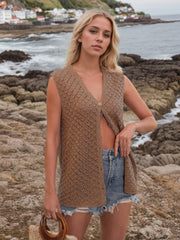 Camel openwork button-down knit vest with a V-neck and sleeveless design.