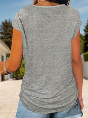 Dark gray cap-sleeve tee with ruched sides and a curved hem