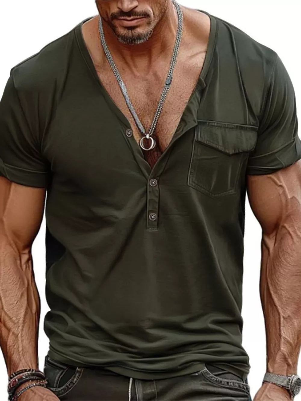Men's army green casual buttoned pocket t-shirt with a deep V-neck and short sleeves.