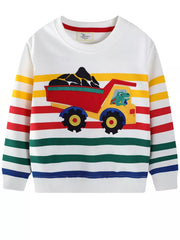 White kids sweatshirt with colorful stripes and a playful truck applique.
