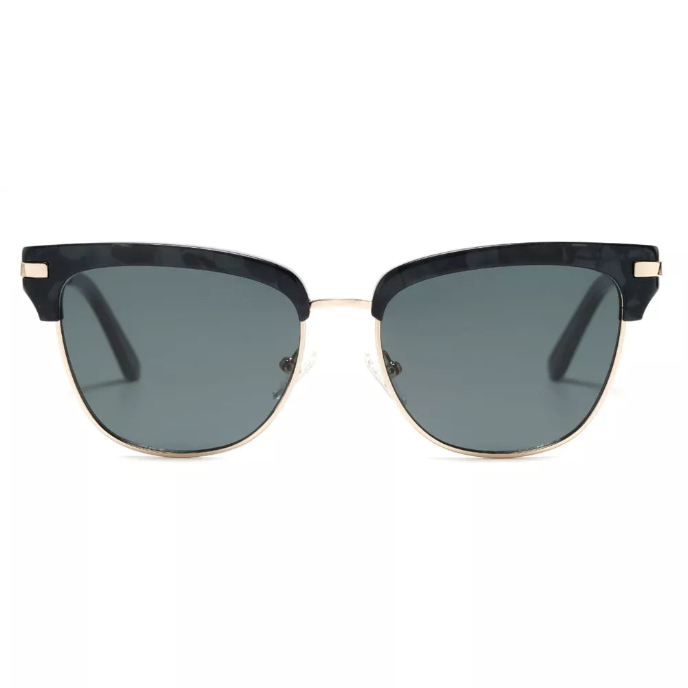 Classic Clubmaster Sunglasses With Gold Accents in Black, close-up detail
